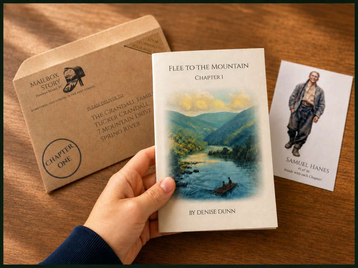 What arrives: a kraft Mailbox Story envelope, a slim printed chapter of Flee to the Mountain, and a collectible character card
