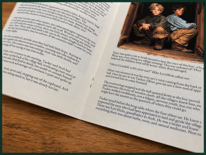 A page spread from Flee to the Mountain, showing the printed chapter text and an illustration of the two main characters